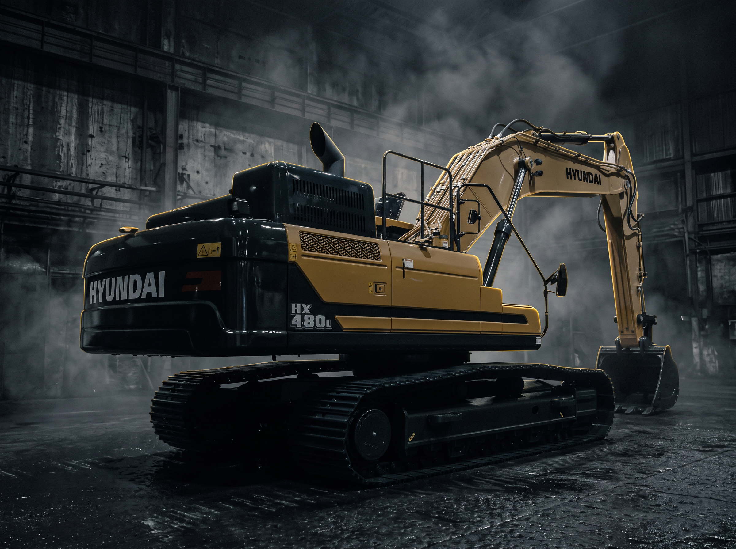 Heavy-duty excavator undercarriage in a workshop